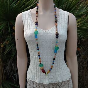 HANDMADE X-Long Multicolored Glass & Wood Beaded Necklace with Moving Ring